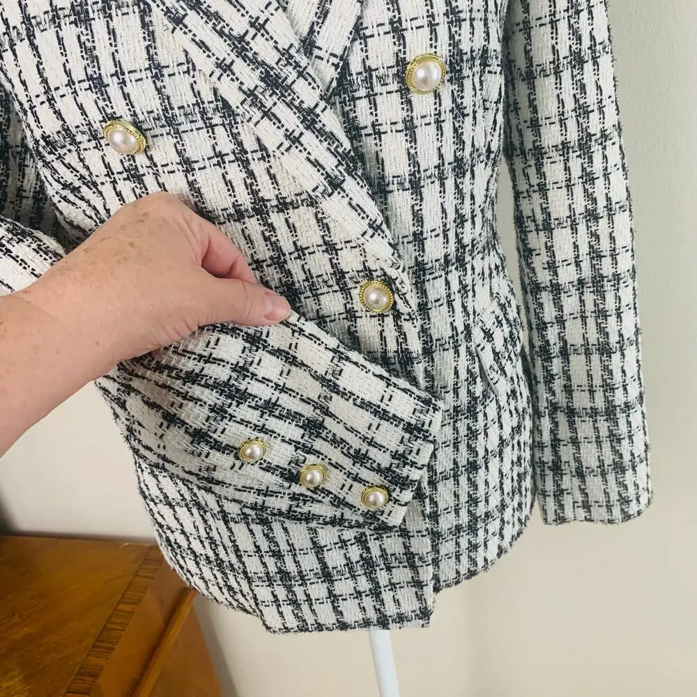 NEW Nanette Lepore Size 4 Double Breasted Tweed Blazer Jacket Plaid Career Work_8